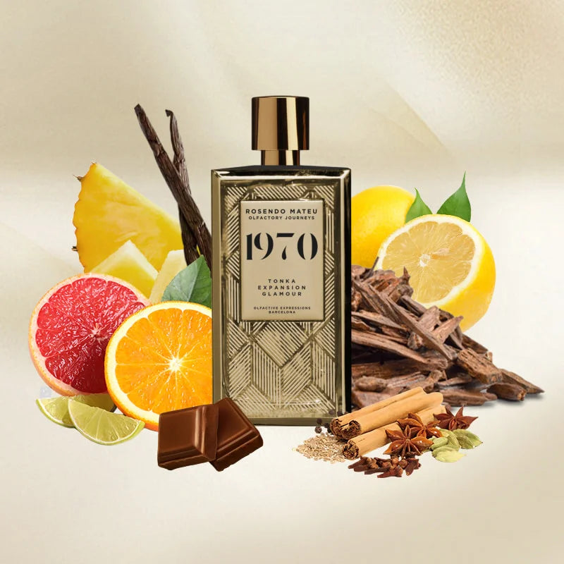 Bouteille Rosendo Mateu 1970 : parfum gourmand unisexe mêlant agrumes, chocolat, épices, notes boisées et terreuses, sur fond d’ambre, vanille, caramel et musc