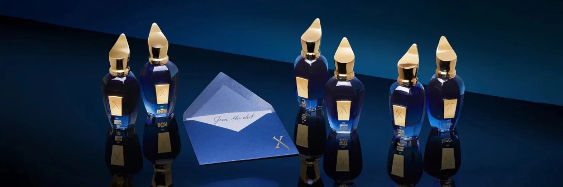bannière xerjoff avec la gamme de parfums de niche jtc et avec un fond bleu pour desktop