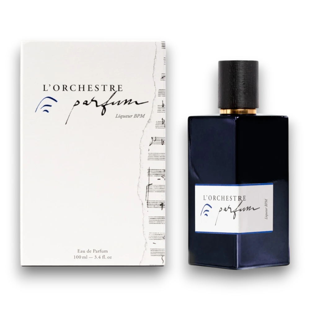 Packshot de la boite et du parfum de niche de la maison l'orchestre parfum liquor bpm