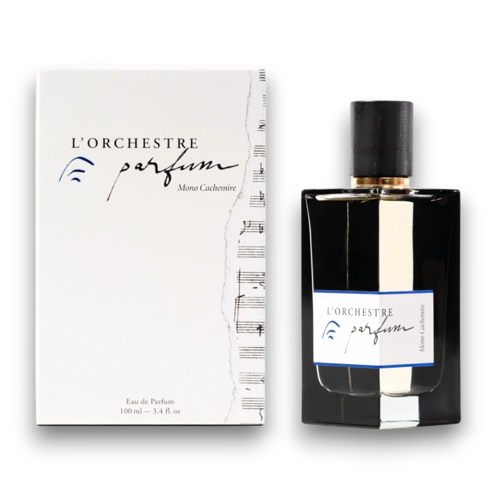 Packshot de la boite et du parfum de niche de la maison l'orchestre parfum mono cachemire