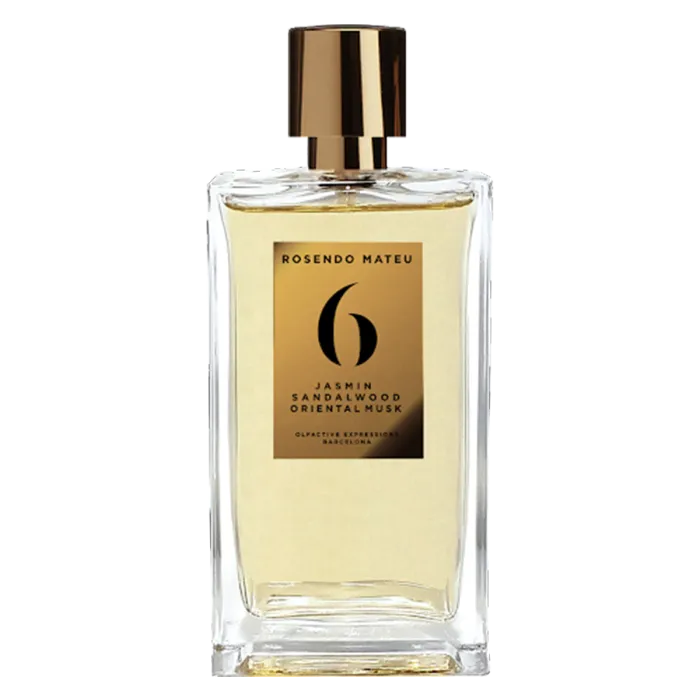 Flacon de Rosendo Mateu Nº 6, parfum floral doux mettant en valeur le jasmin, le bois de santal, l’amande et vanille, ambiance orientale raffinée