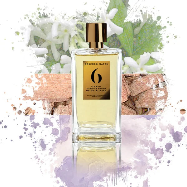 Flacon de Rosendo Mateu Nº 6, parfum floral doux mettant en valeur le jasmin, le bois de santal, l’amande et vanille, ambiance orientale raffinée