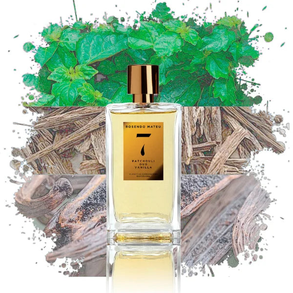 Parfum Rosendo Mateu Nº 7, riche et unique, mélange sophistiqué de patchouli, oud, vanille et notes boisées profondes