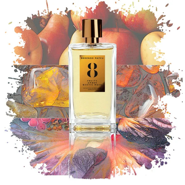Flacon Rosendo Mateu Nº 8, parfum fruité-floral-oriental vibrant, touches fruitées sur fond floral, complexe et versatile
