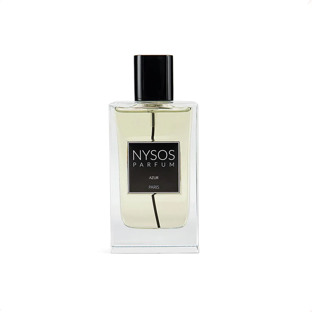 Flacon Azur de Nysos Parfums, parfum hespéridé aromatique frais avec zestes de bergamote, pamplemousse, touches de lavande et sillage boisé-musqué