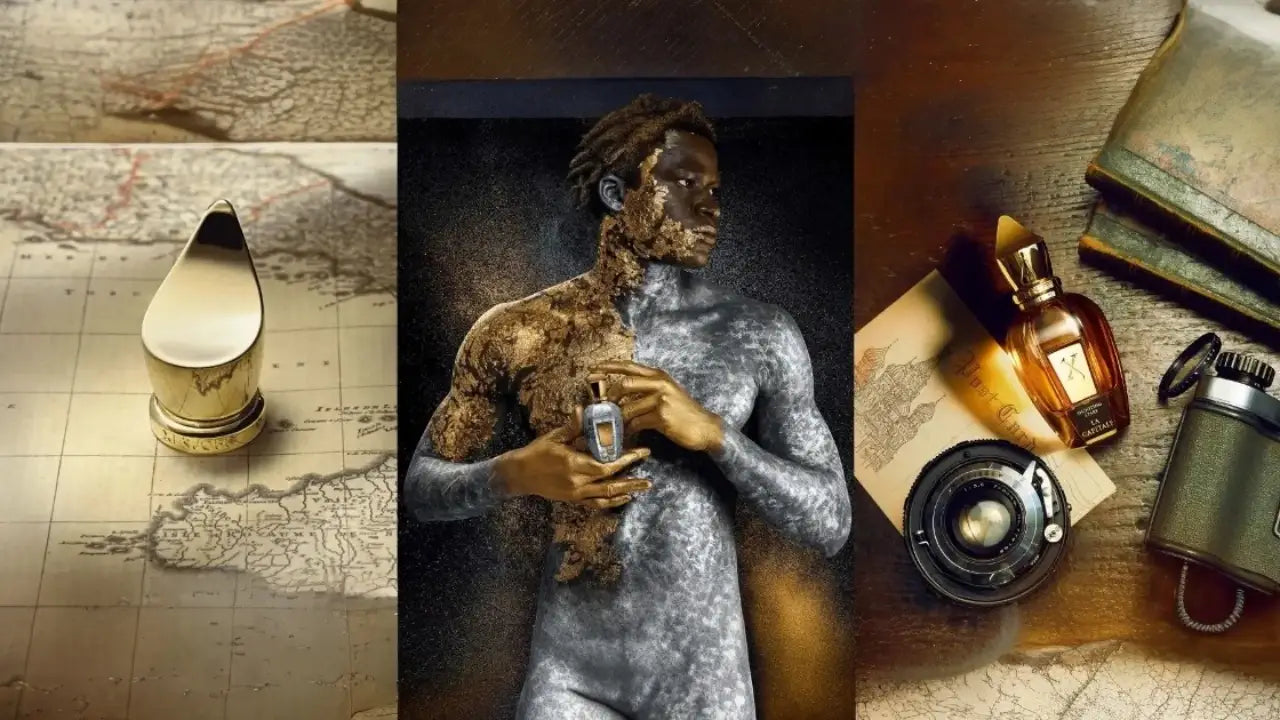 bannière xerjoff avec 3 photo assemblé une avec un bouchon et une carte du monde, une avec un personne faite d'argent et or avec un parfum dans les mains et la dernière avec le parfum la capital avec un kit d'exploration