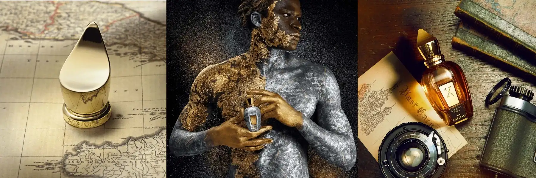 bannière xerjoff avec 3 photo assemblé une avec un bouchon et une carte du monde, une avec un personne faite d'argent et or avec un parfum dans les mains et la dernière avec le parfum la capital avec un kit d'exploration