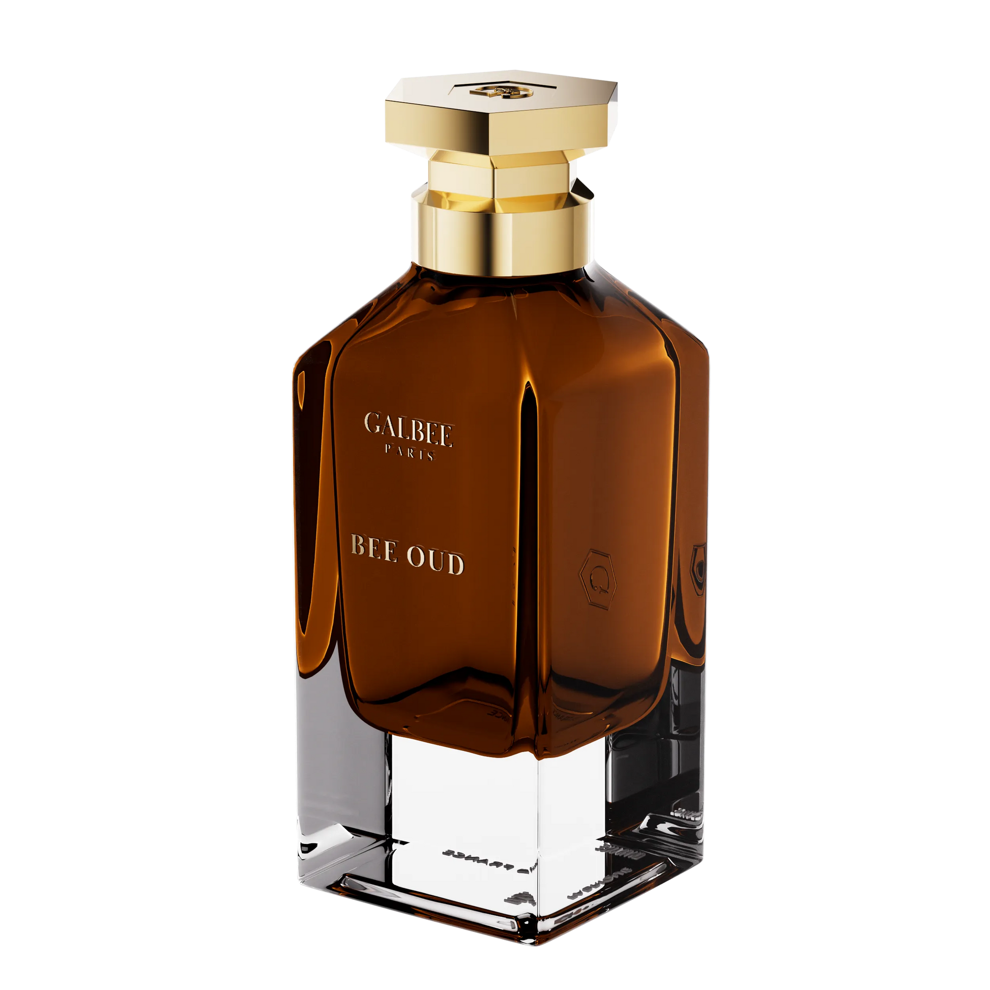 Parfum Bee Oud de GALBEE Paris – flacon raffiné en verre transparent avec bouchon doré, fragrance luxueuse alliant oud, miel et notes boisées
