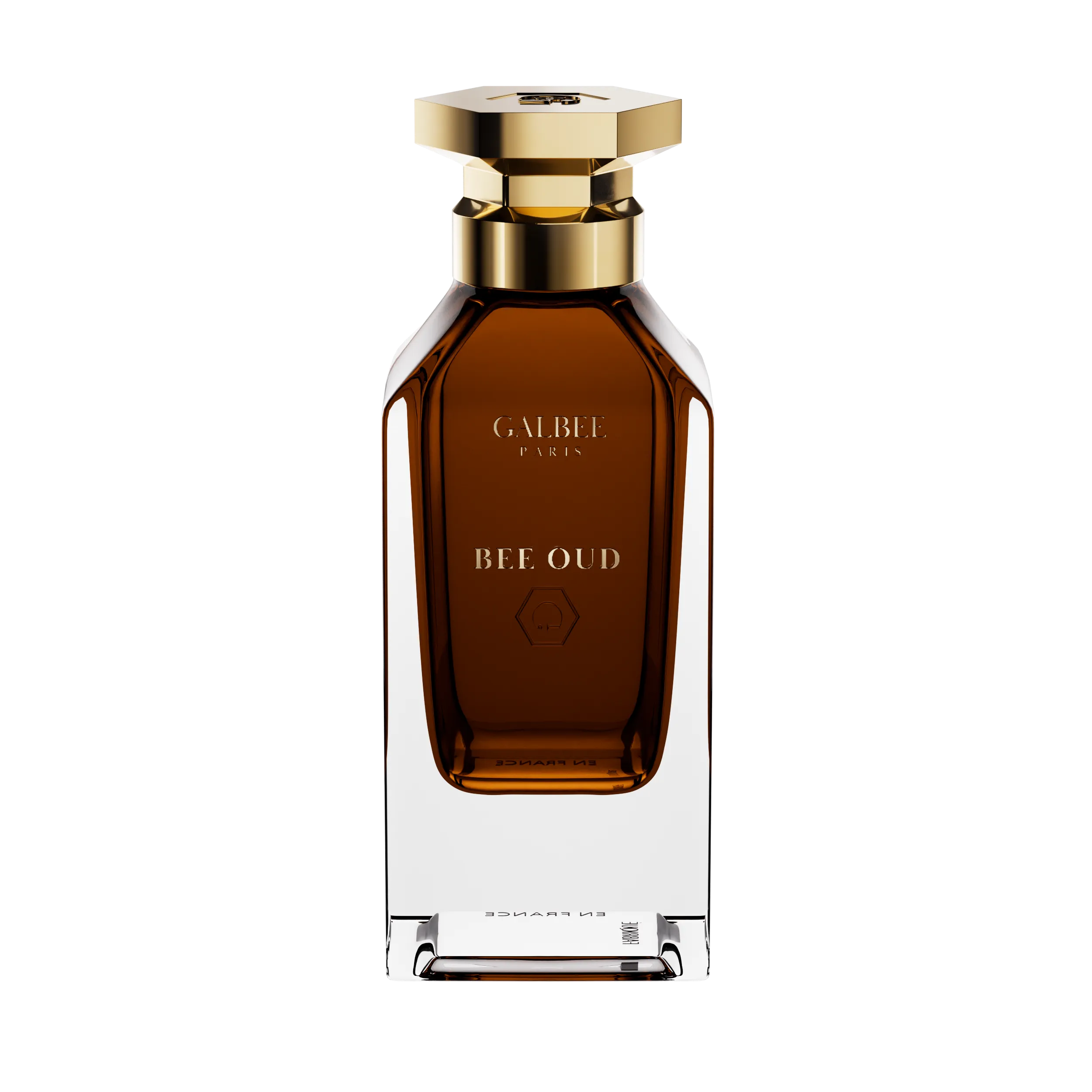 Parfum Bee Oud de GALBEE Paris – flacon raffiné en verre transparent avec bouchon doré, fragrance luxueuse alliant oud, miel et notes boisées
