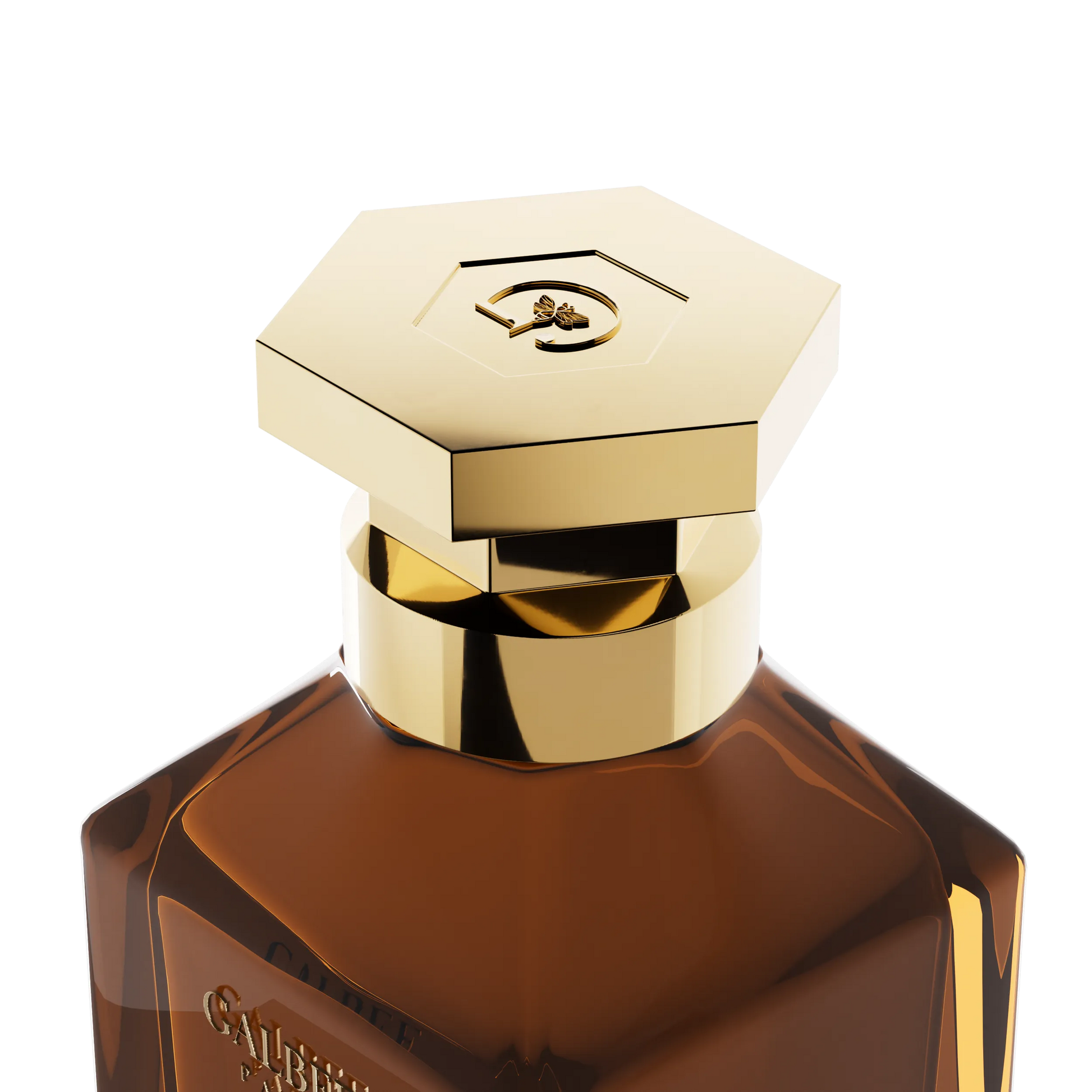 Parfum Bee Oud de GALBEE Paris – flacon raffiné en verre transparent avec bouchon doré, fragrance luxueuse alliant oud, miel et notes boisées
