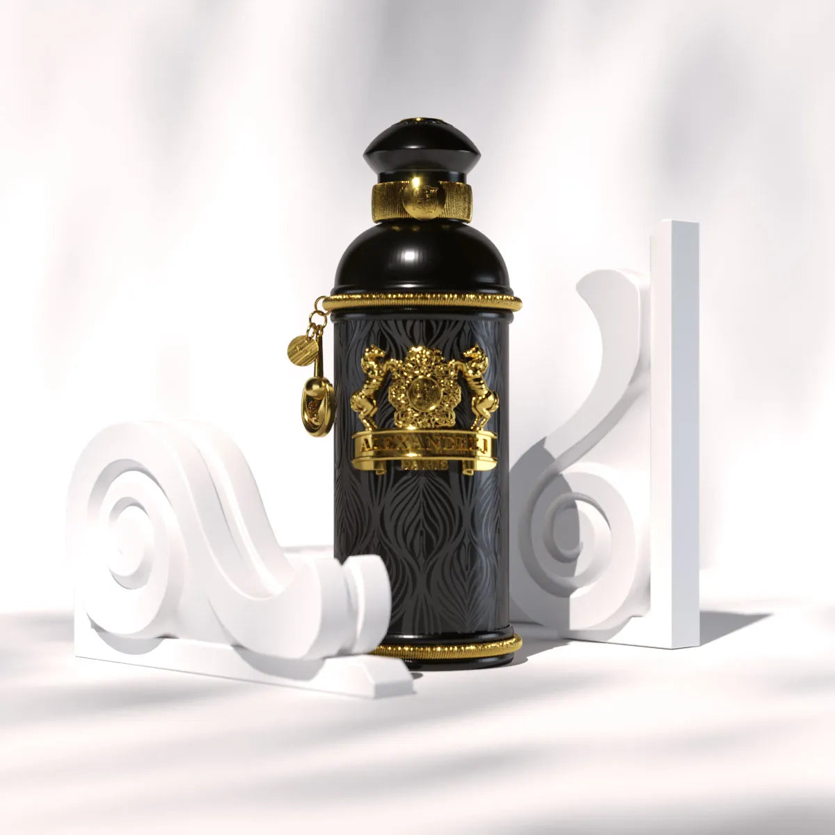 Flacon Black Muscs d’Alexandre.J — parfum boisé floral musqué unisexe qui s’ouvre sur bergamote et citron frais, évolue avec rose, violette et patchouli élégants, et finit sur un fond chaud et profond d’ambre et musc.