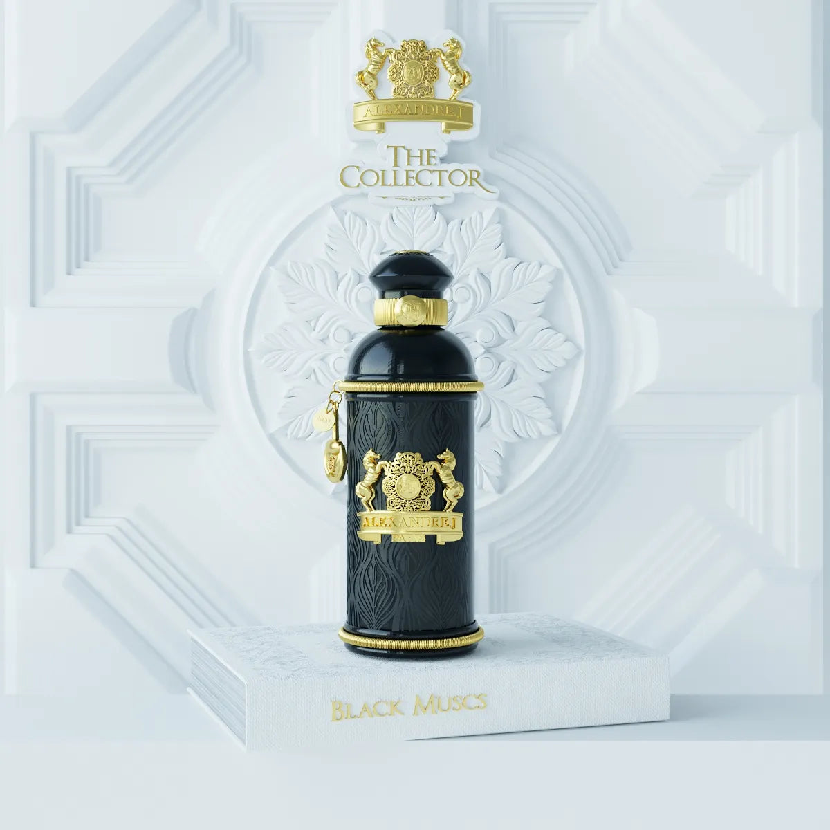 Flacon Black Muscs d’Alexandre.J — parfum boisé floral musqué unisexe qui s’ouvre sur bergamote et citron frais, évolue avec rose, violette et patchouli élégants, et finit sur un fond chaud et profond d’ambre et musc.