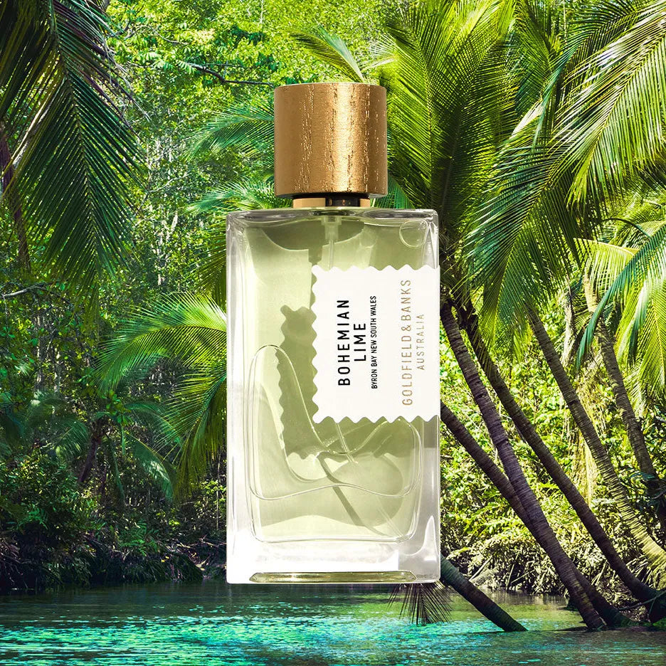 Flacon Bohemian Lime de Goldfield & Banks — parfum unisexe frais et aromatique mêlant citron vert australien (finger lime), bergamote, coriandre, avec un fond boisé de vétiver, bois de cèdre et bois de santal.