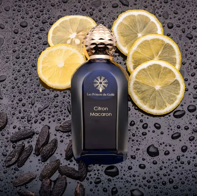 Parfum Les Princes du Golfe Citron Macaron – flacon raffiné en verre t avec bouchon élégant, fragrance gourmande mêlant fraîcheur du citron et douceur du macaron
