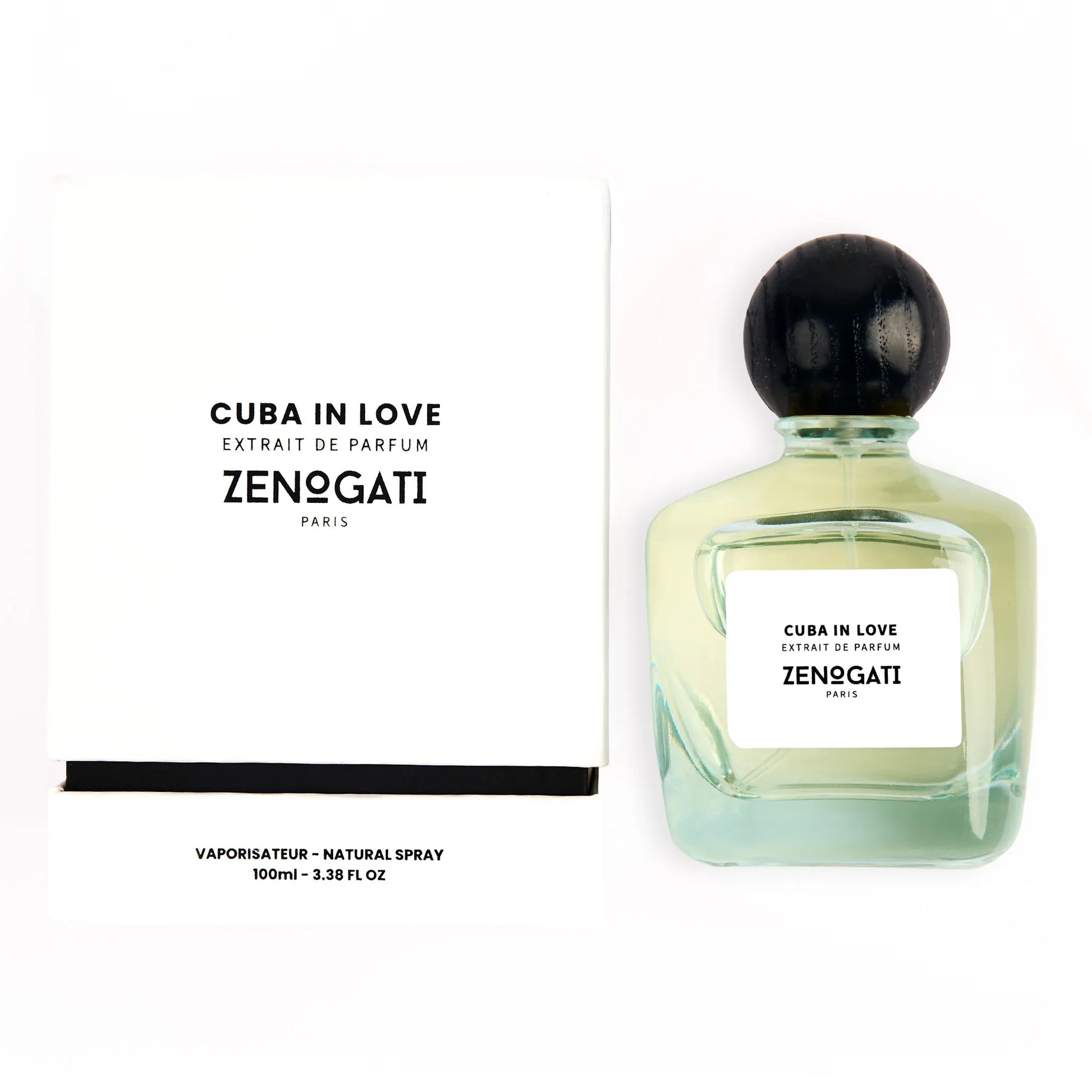 Parfums de niche.Flacon Cuba In Love de Zenogati — parfum oriental-vanillé unisexe mêlant l’arôme intense du café Santos, la chaleur de la cannelle et de la noix de muscade en ouverture ; un cœur gorgé de cacao et de tabac se mêlant à la vanille de Madagascar ; fond riche de patchouli, ambre et muscs — une fragrance fumée, gourmande et magnétique évoquant les sièges en cuir, la fumée de cigare et le café torréfié