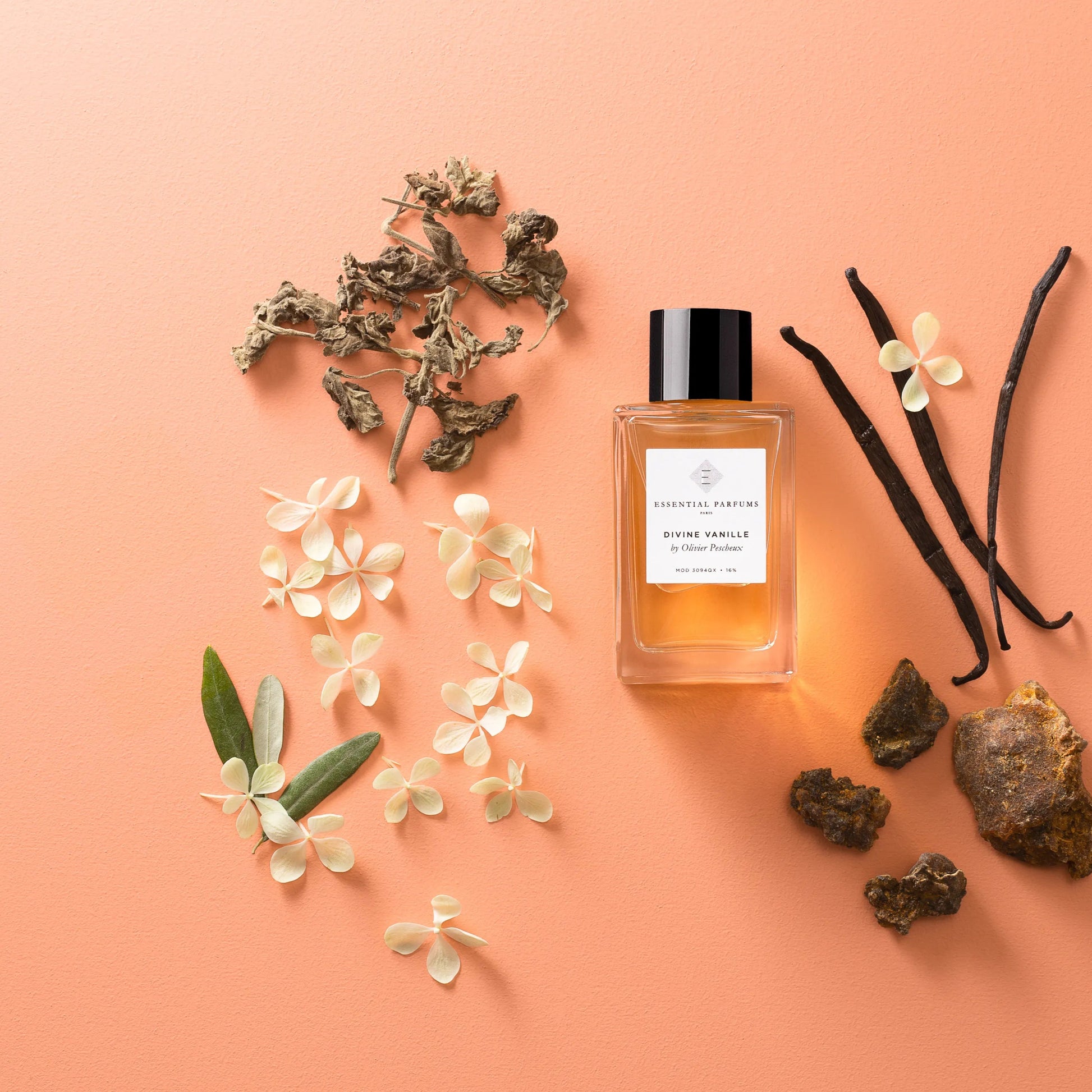 Flacon Divine Vanille d’Essential Parfums — parfum unisexe oriental-gourmand mêlant épices chaudes (cannelle, clou de girofle, poivre), un cœur riche de vanille absolue de Madagascar et encens, soutenu par un fond voluptueux de fève tonka, benjoin, patchouli et muscs.