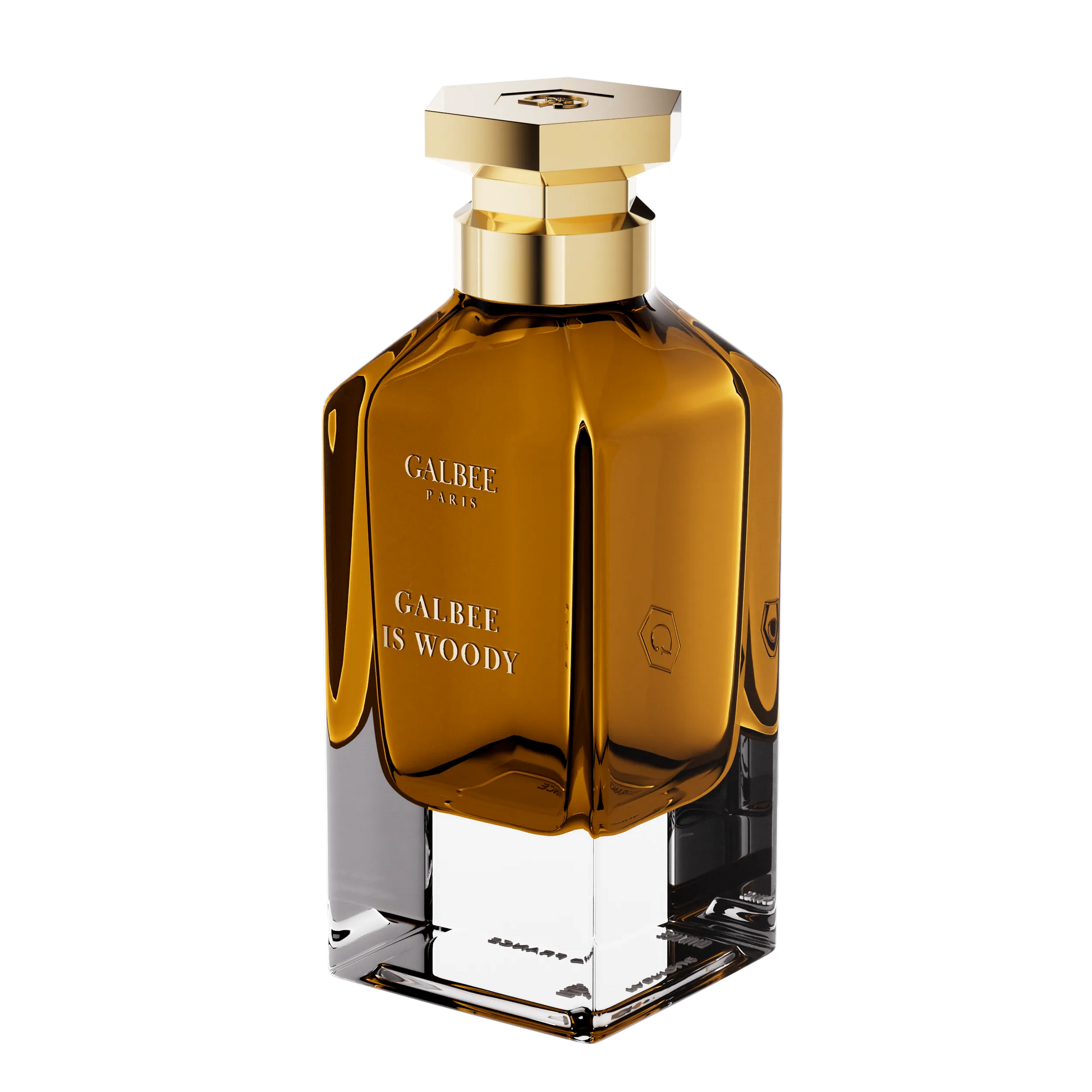 Parfum Galbee Is Woody de GALBEE Paris – flacon élégant en verre transparent avec bouchon raffiné, fragrance boisée et chaleureuse aux accents sophistiqués
