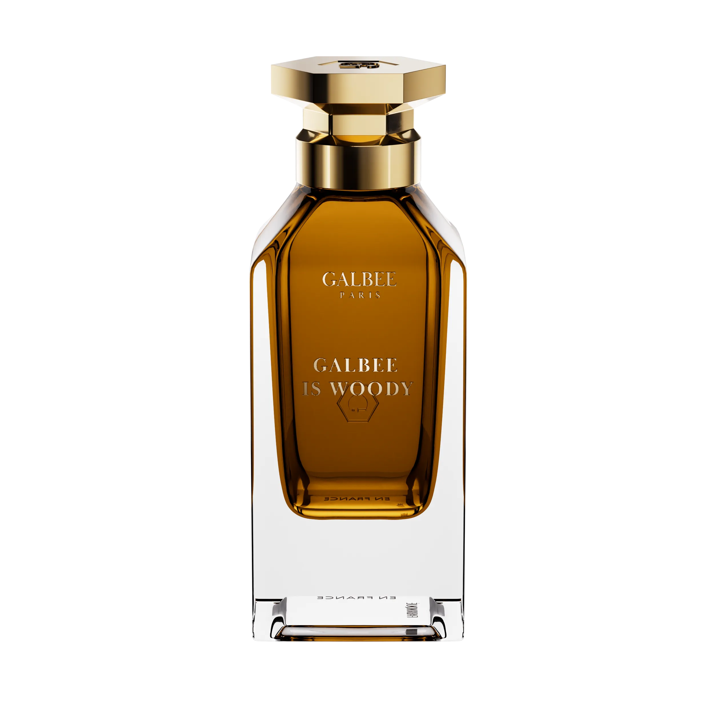 Parfum Galbee Is Woody de GALBEE Paris – flacon élégant en verre transparent avec bouchon raffiné, fragrance boisée et chaleureuse aux accents sophistiqués
