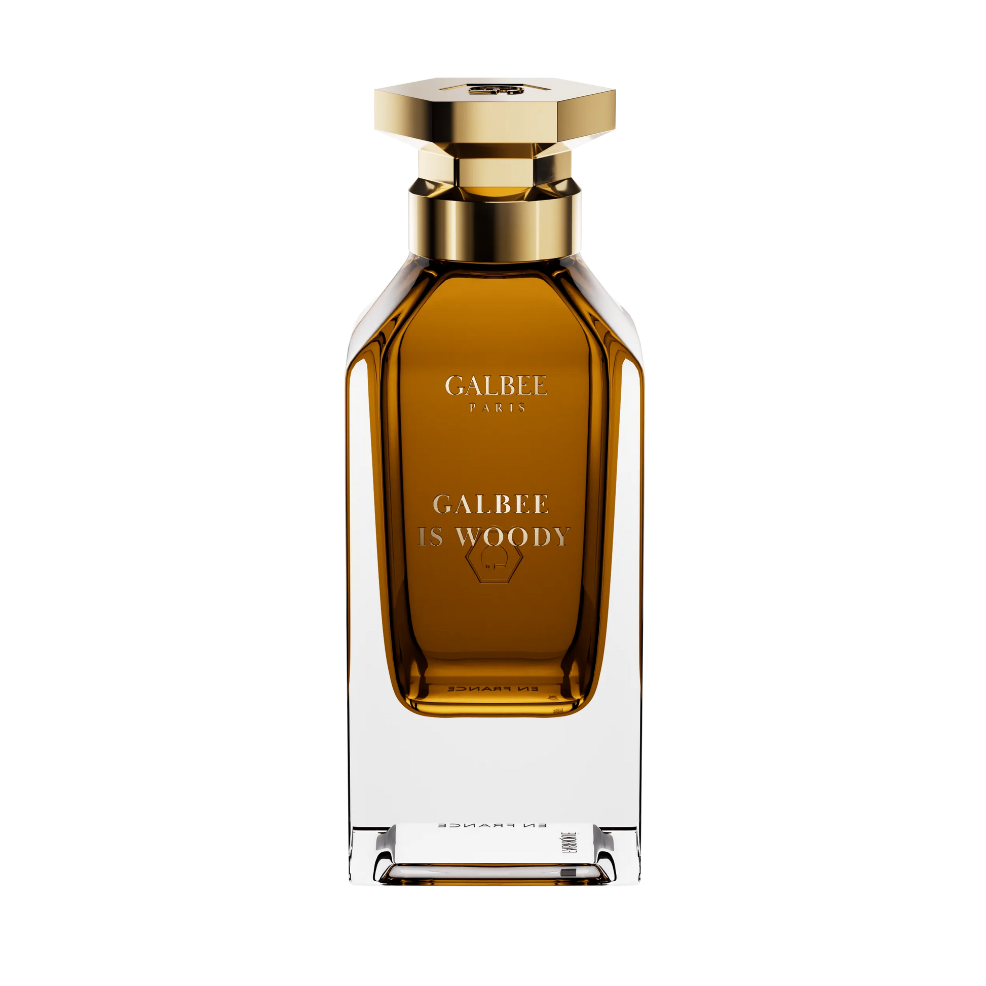 Parfum Galbee Is Woody de GALBEE Paris – flacon élégant en verre transparent avec bouchon raffiné, fragrance boisée et chaleureuse aux accents sophistiqués
