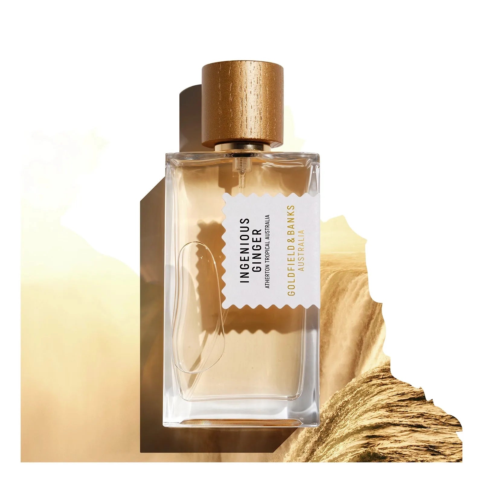 Flacon de parfums de niche Ingenious Ginger de Goldfield & Banks — parfum floral-ambré unisexe mêlant fleur de gingembre rouge d’Australie, bergamote fraîche, mandarine jaillissante, cœur magnolia, jasmin et rose, sur un fond chaleureux de vanille, ambre, bois de santal, patchouli et musc.