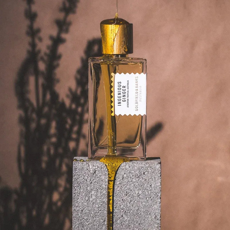 Flacon Ingenious Ginger de Goldfield & Banks — parfum floral-ambré unisexe mêlant fleur de gingembre rouge d’Australie, bergamote fraîche, mandarine jaillissante, cœur magnolia, jasmin et rose, sur un fond chaleureux de vanille, ambre, bois de santal, patchouli et musc.