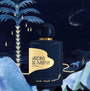Flacon de parfums de niche Jardin de Misfah Extrait en bande dessiné avec un fond sombre bleu avec un palmier.