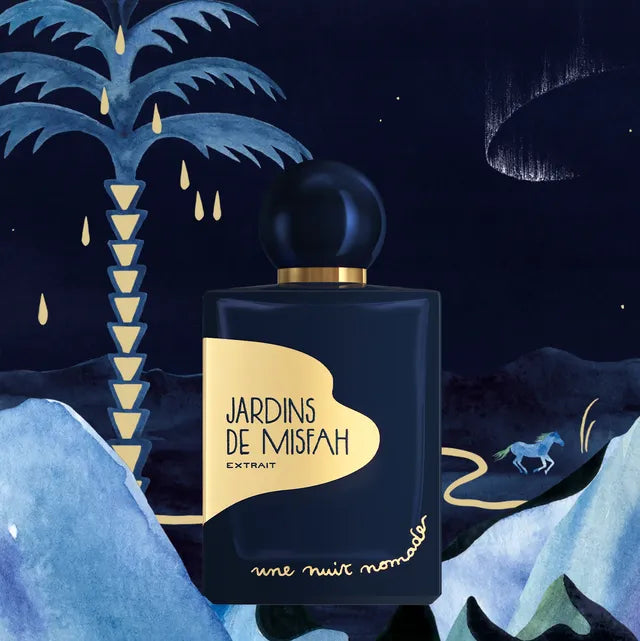 Flacon de parfums de niche Jardin de Misfah Extrait en bande dessiné avec un fond sombre bleu avec un palmier.