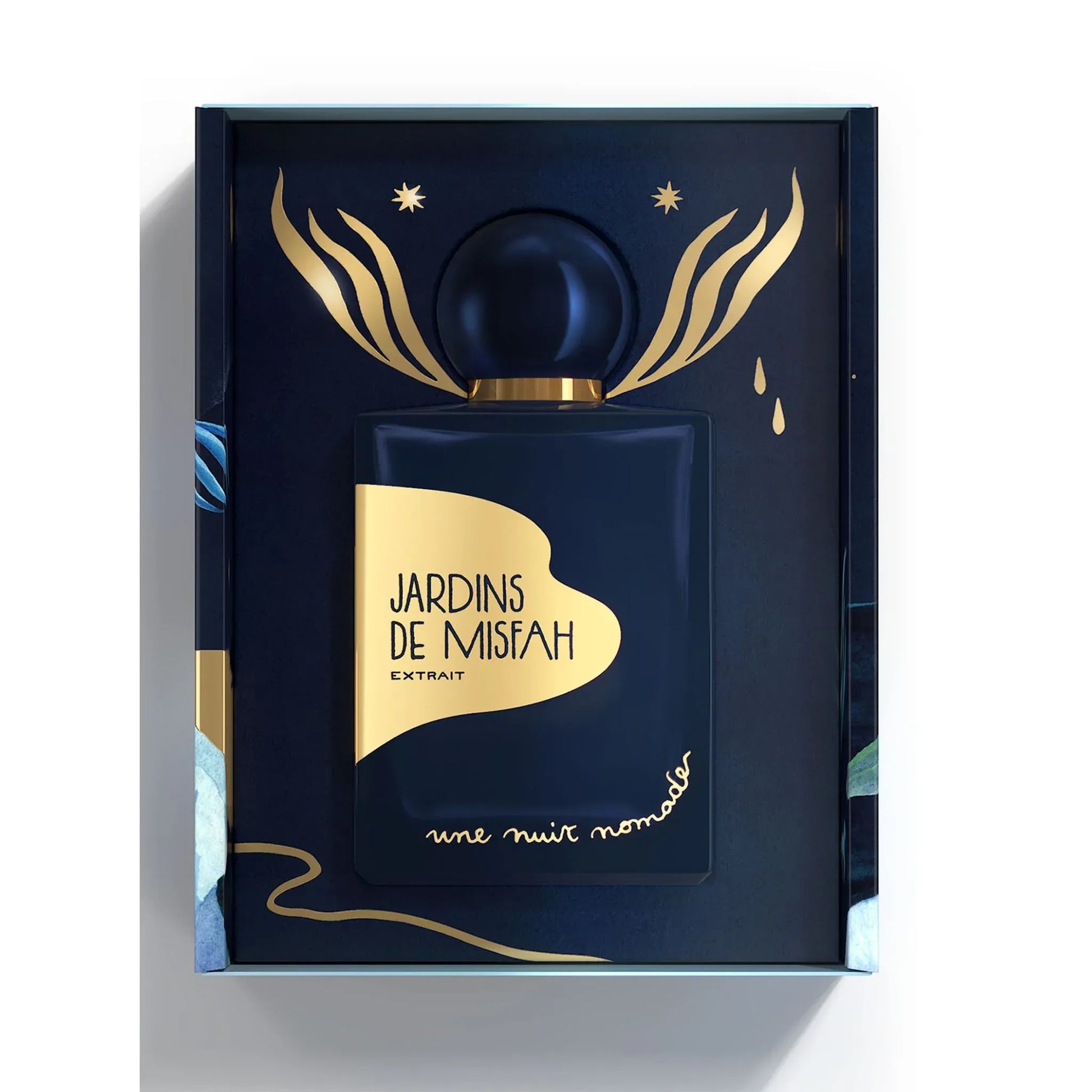 Flacon de parfums de niche Jardin de Misfah Extrait en bande dessiné avec un fond sombre bleu avec un palmier.