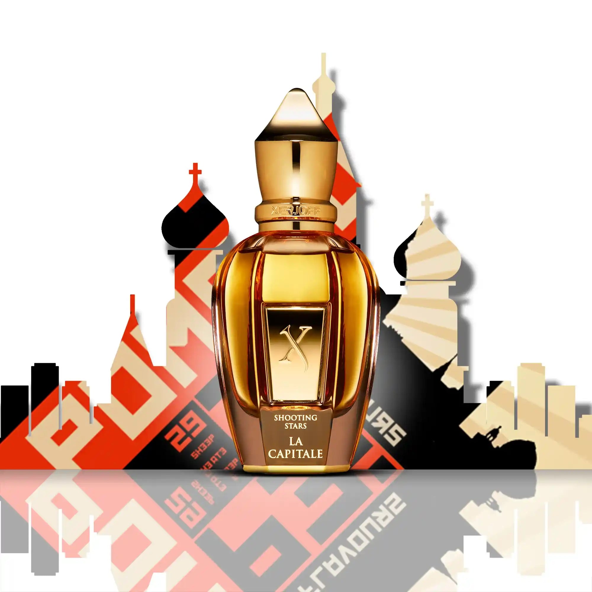 Bouteille de parfum de niche Xerjoff La Capital, flacon raffiné, parfum oriental et épicé.