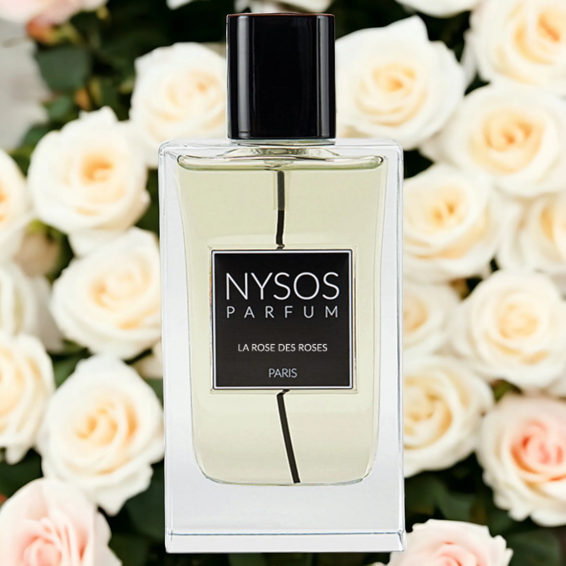 Flacon La Rose des Roses de Nysos Parfums : composition centrée sur la rose, florale romantique, riche, élégante, féminine / unisexe selon visuel