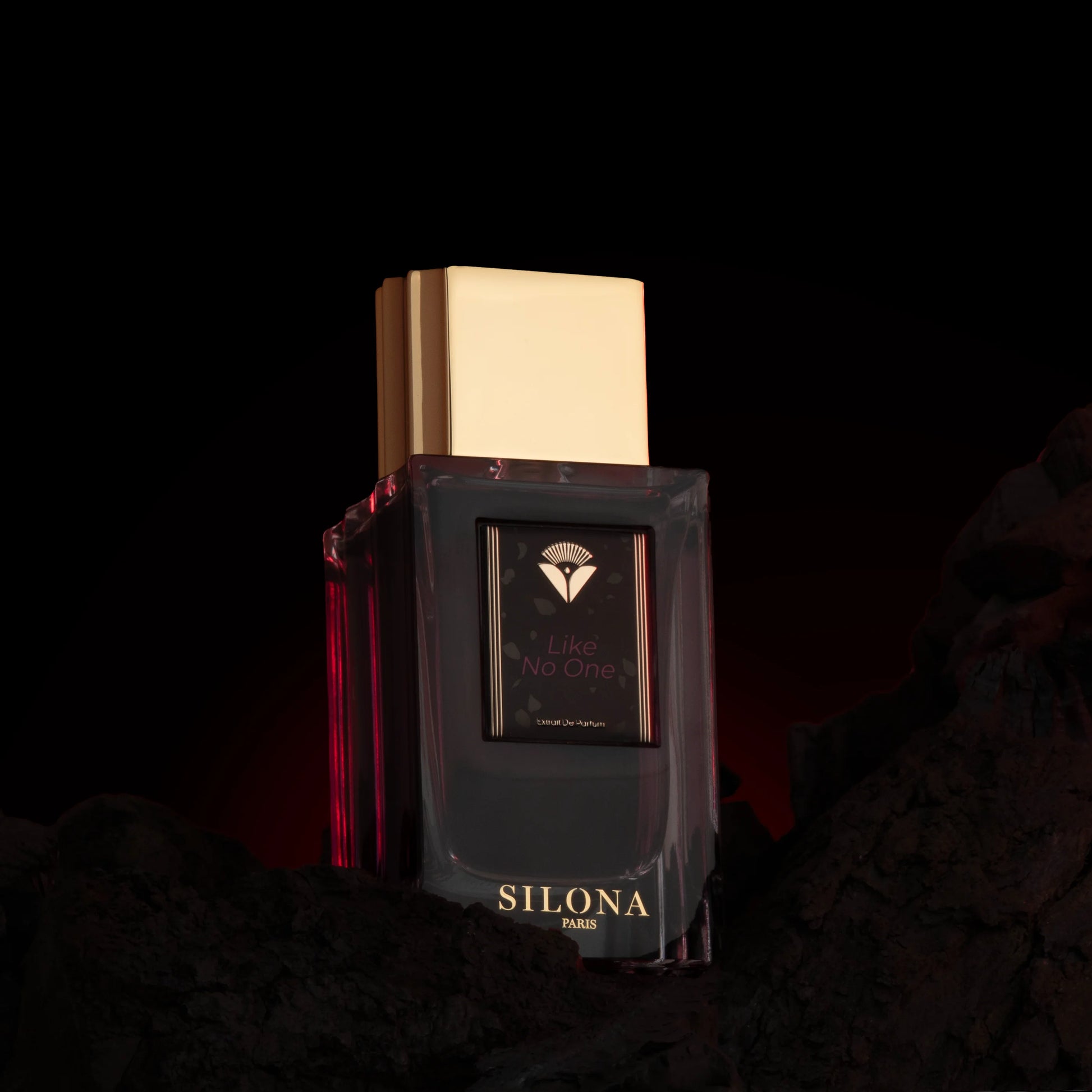 Flacon Like No One de Silona Paris — parfum oriental floral unisexe mêlant pêche juteuse et fruit de la passion, relevé de cannelle de Ceylan et gingembre, cœur floral de monoï et jasmin, fond gourmand de guimauve, rhum, ambre et muscs blancs.