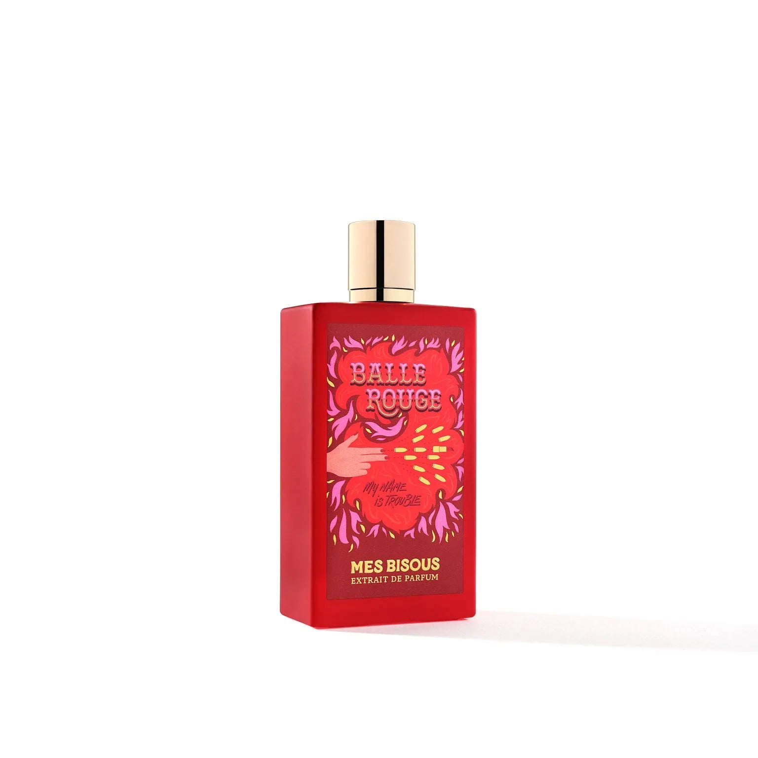 Flacon du parfum de niche Balle Rouge de Mes Bisous — parfum oriental floral unisexe s’ouvrant sur poivre rose, bergamote et citron, puis un cœur sensuel d’iris, rose et ambre, pour finir sur un fond chaud de vanille, fève tonka, musc, patchouli et cèdre.