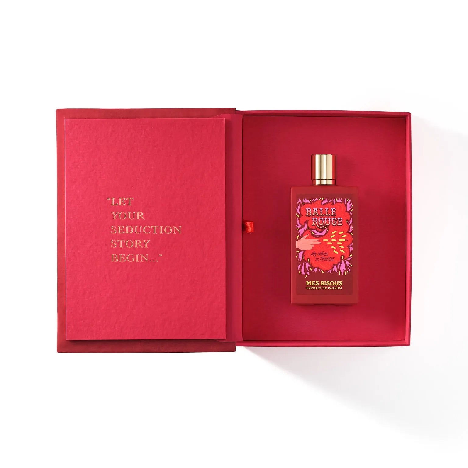Flacon du parfum de niche Balle Rouge de Mes Bisous — parfum oriental floral unisexe s’ouvrant sur poivre rose, bergamote et citron, puis un cœur sensuel d’iris, rose et ambre, pour finir sur un fond chaud de vanille, fève tonka, musc, patchouli et cèdre.