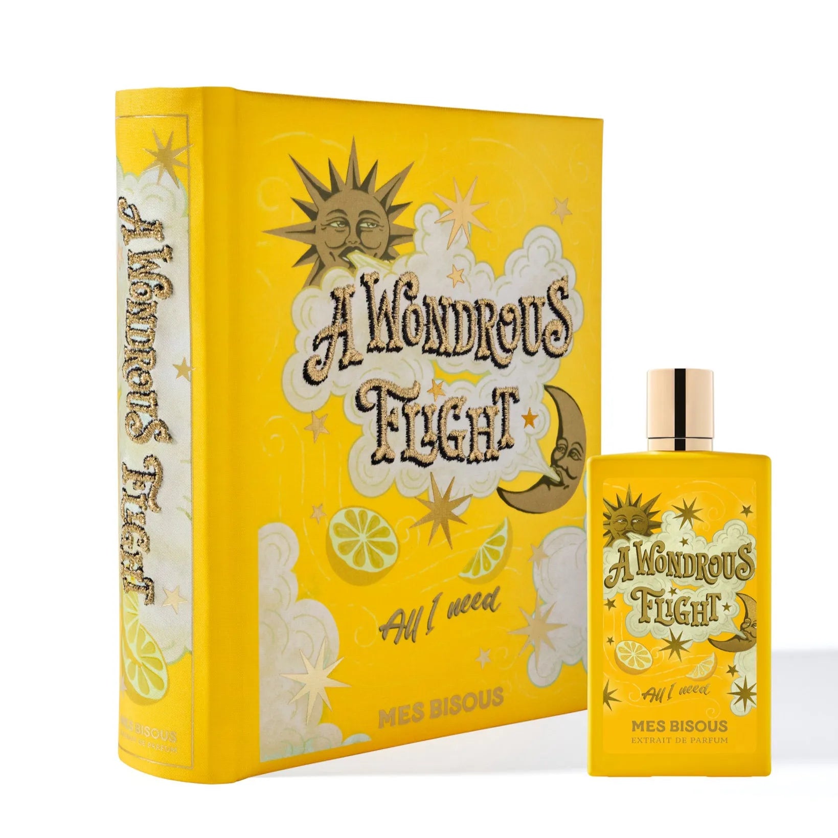 Flacon A Wondrous Flight de Mes Bisous — parfum unisexe lumineux mêlant agrumes éclatants (pamplemousse, bergamote, citron, mandarine), un cœur épicé et floral de gingembre, poivre rose, jasmin et iris, posé sur un fond boisé-musqué de patchouli, vétiver, cuir, mousse et ambre pour une signature vibrante, sophistiquée et durable