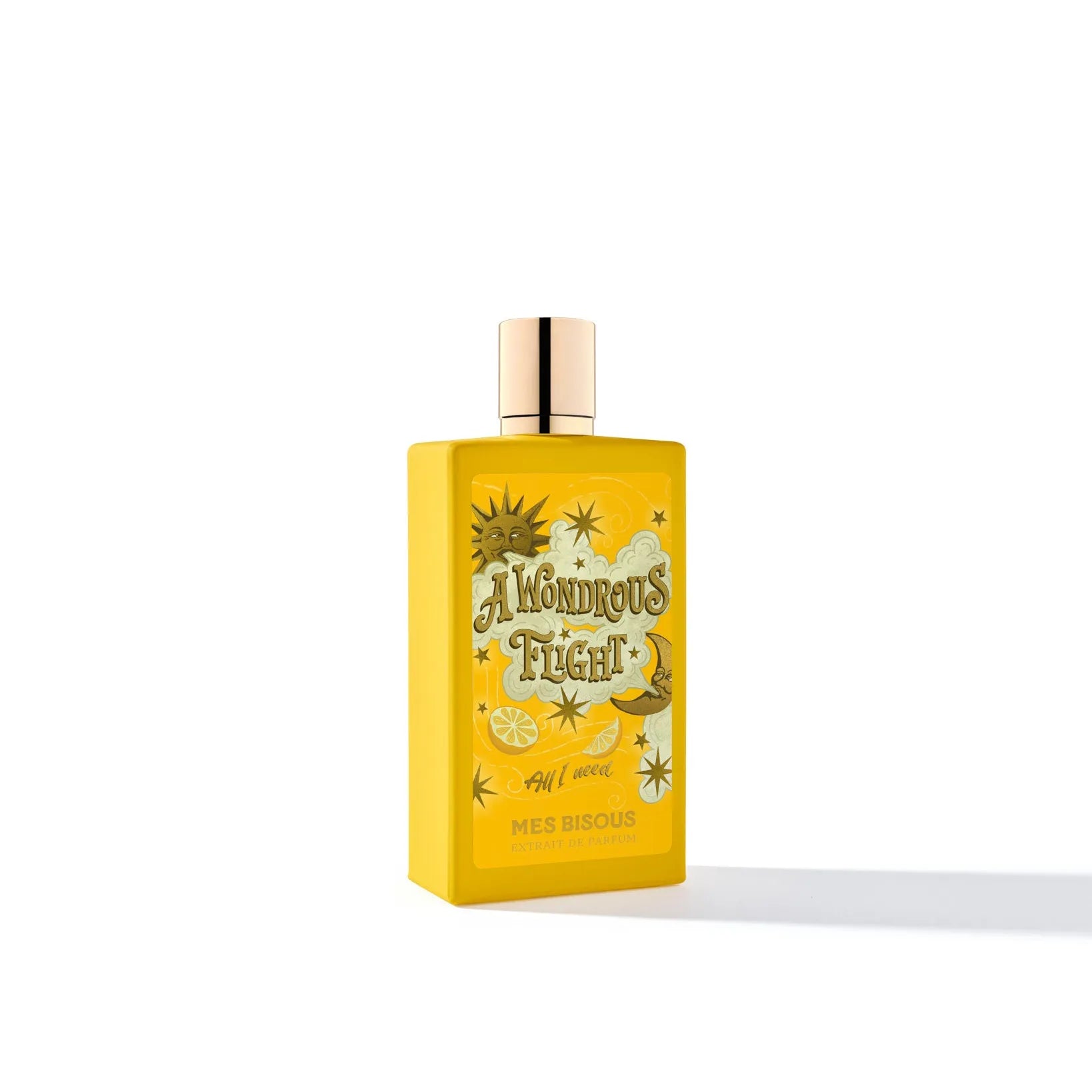 Flacon A Wondrous Flight de Mes Bisous — parfum unisexe lumineux mêlant agrumes éclatants (pamplemousse, bergamote, citron, mandarine), un cœur épicé et floral de gingembre, poivre rose, jasmin et iris, posé sur un fond boisé-musqué de patchouli, vétiver, cuir, mousse et ambre pour une signature vibrante, sophistiquée et durable
