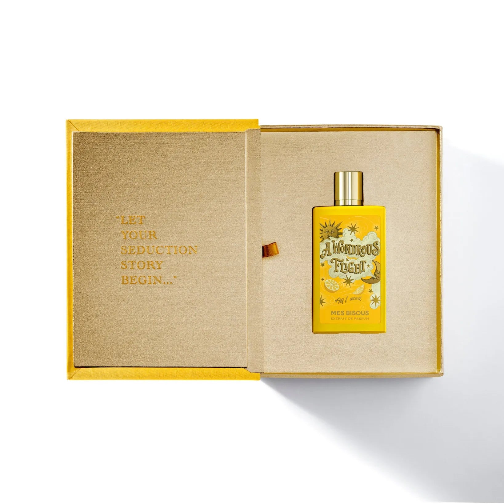 Flacon A Wondrous Flight de Mes Bisous — parfum unisexe lumineux mêlant agrumes éclatants (pamplemousse, bergamote, citron, mandarine), un cœur épicé et floral de gingembre, poivre rose, jasmin et iris, posé sur un fond boisé-musqué de patchouli, vétiver, cuir, mousse et ambre pour une signature vibrante, sophistiquée et durable
