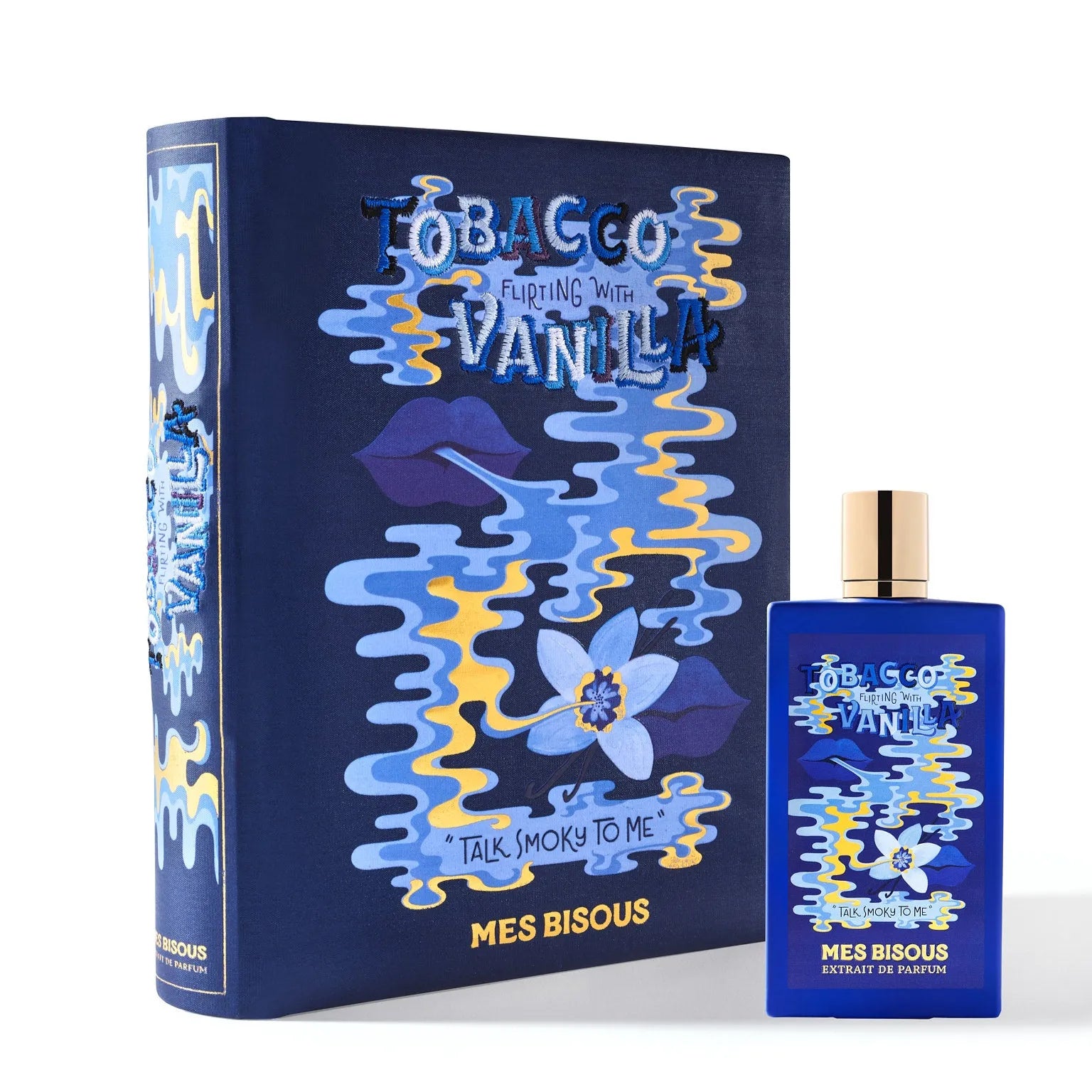 Flacon Tobacco Flirting With Vanilla de Mes Bisous — parfum extrait unisexe mêlant l’arôme fruité de cerise et la fraîcheur de bergamote en ouverture, un cœur floral épicé de lys (ou lilas) et cannelle, sur un fond chaud et sensuel de tabac fumé, vanille riche et vétiver noble