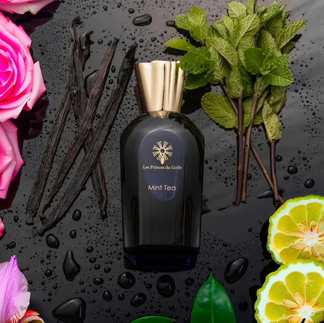 Parfum Mint Tea de la maison Les Princes du Golfe – flacon raffiné en verre transparent avec bouchon élégant, fragrance fraîche et revitalisante aux notes de thé à la menthe
