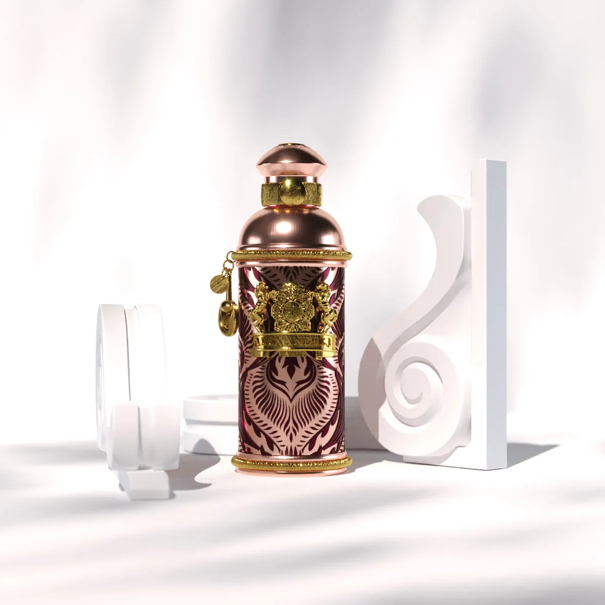 Flacon Morning Muscs d’Alexandre.J — parfum floral-fruité musqué unisexe mêlant mandarine, pamplemousse et pêche juteuse rehaussés d’une touche gourmande de caramel, un cœur riche de roses (Russie & Turquie), patchouli et violette, posé sur un fond doux de musc et mousse, évoquant une aube douce et lumineuse.
