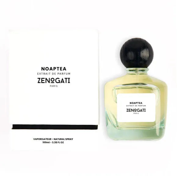 Flacon Noaptea de Zenogati — parfum unisexe aromatique-épicé mêlant la fraîcheur du pamplemousse, la feuille de violette et le poivre rose en tête, un cœur vibrant de thé noir, piment et girofle, sur un fond chaleureux d’ambre, musc et bois d’olivier pour une signature à la fois élégante, mystérieuse et envoûtante.