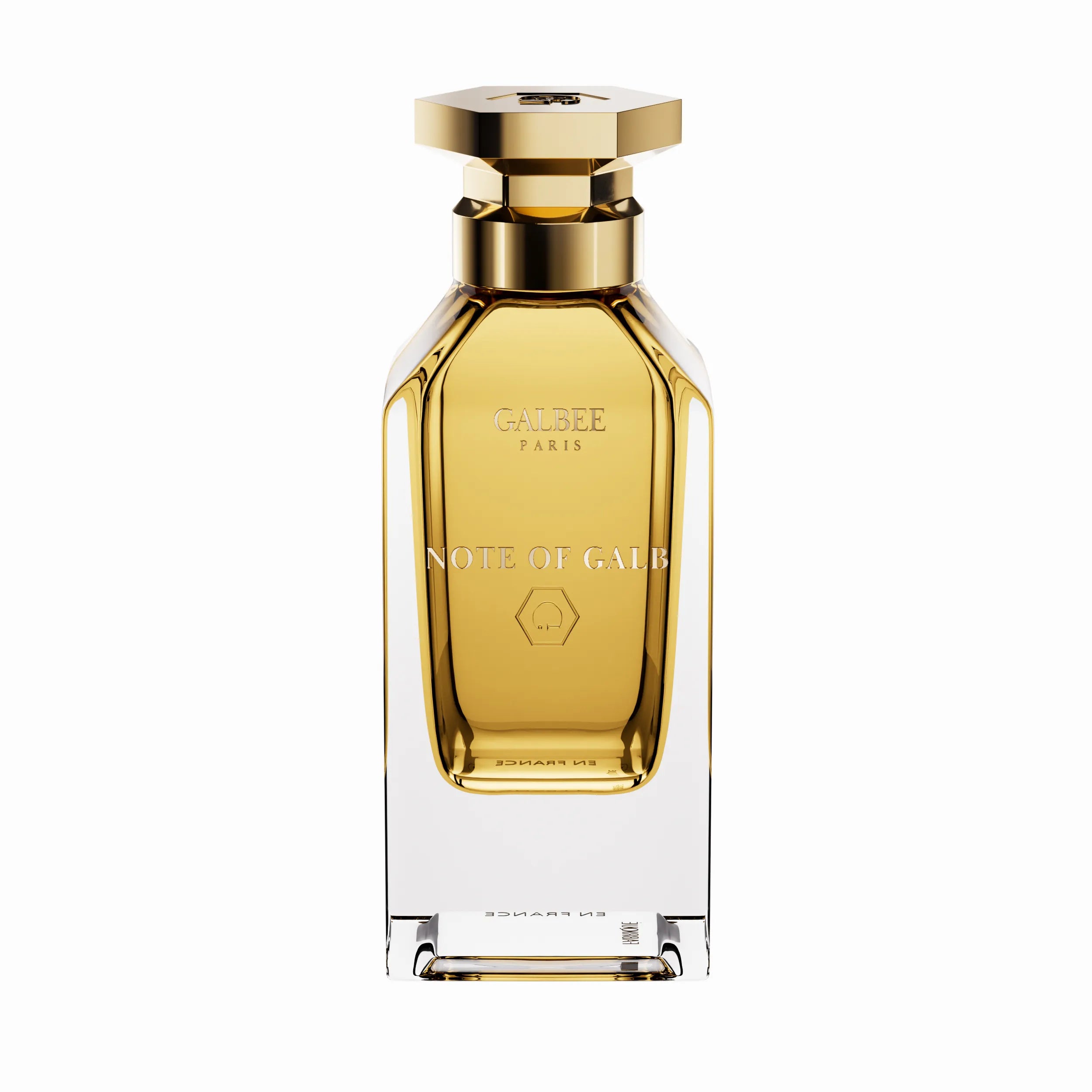 Parfum Note of Galb de GALBEE Paris – flacon élégant en verre transparent avec bouchon raffiné, fragrance lumineuse et raffinée aux notes florales et musquées
