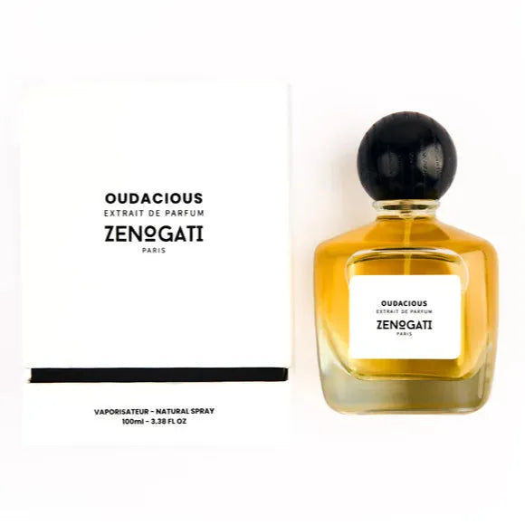 Flacon Oudacious de Zenogati — parfum unisexe boisé-épicé intense mêlant lavande raffinée, safran doré et muscade piquante en ouverture, cœur profond d’oud, encens fumé et mousse de chêne, fond sombre de cuir, patchouli et ambre gris pour un sillage puissant, animal et sophistiqué