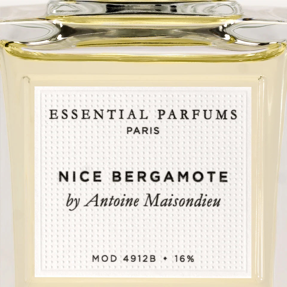 Packshot de l'étiquette du parfum de niche de la maison essential parfums nice bergamote