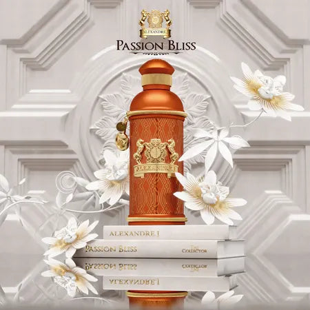 lacon Passion Bliss de Alexandre.J — parfum unisexe gourmand fruité-épice mêlant fruit de la passion juteux, lait chaud et matcha en tête, un cœur riche de miel et d’héliotrope, sur un fond chaleureux de bois de santal, safran, rhum, bois fumé et vanille.