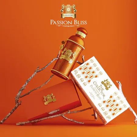lacon Passion Bliss de Alexandre.J — parfum unisexe gourmand fruité-épice mêlant fruit de la passion juteux, lait chaud et matcha en tête, un cœur riche de miel et d’héliotrope, sur un fond chaleureux de bois de santal, safran, rhum, bois fumé et vanille.