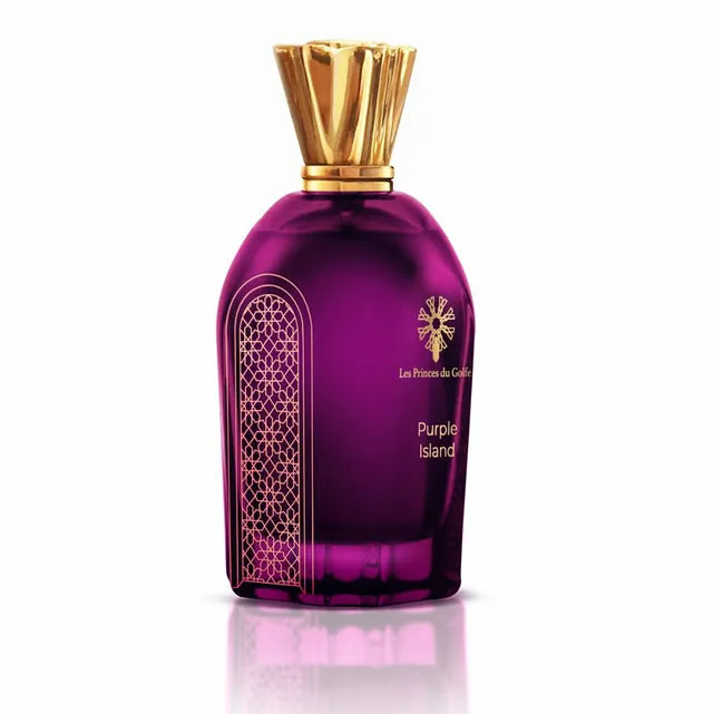 Parfum Purple Island de la maison Les Princes du Golfe – flacon raffiné en verre transparent avec bouchon élégant, fragrance exotique et envoûtante aux notes fruitées et florales
