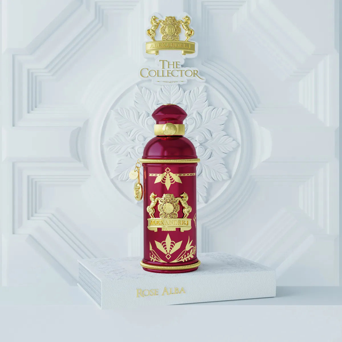 Flacon Rose Alba d’Alexandre.J — parfum floral oriental féminin dévoilant en tête poivre noir épicé, prune juteuse, pêche veloutée et bergamote fraîche. Un cœur romantique de rose alcoolat relevé de poivre noir. Fond chaleureux boisé avec santal australien, vanille douce, musc blanc et bois modernes.