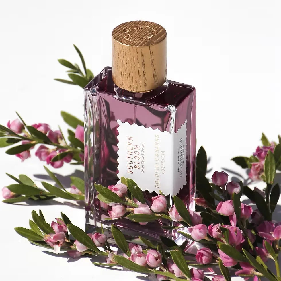 Flacon Southern Bloom de Goldfield & Banks — parfum floral-boisé de luxe inspiré de la floraison éphémère du Boronia brun à Bruny Island (Tasmanie). Notes de tête de mandarine et cassis, cœur riche de Boronia, Jasmin Sambac, Ylang-Ylang, Iris et accord de noix de coco, fond boisé de santal australien, vétiver, musc et ambre.