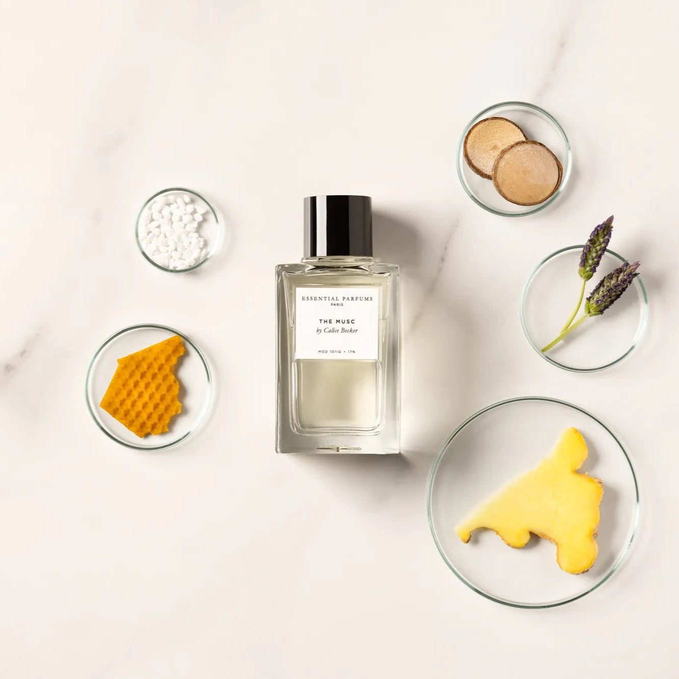Flacon The Musc d’Essential Parfums — parfum unisexe boisé-musqué raffiné, mêlant l’élan épicé du gingembre rouge du Laos et la fraîcheur du lavandin grosso, un cœur miellé de cire d’abeille et de musc pur, sur un fond riche et chaud de bois de santal australien avec une touche musquée douce.