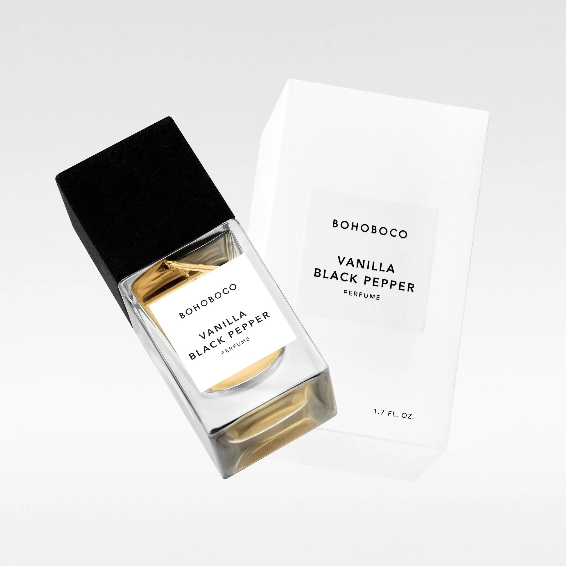 Flacon Bohoboco Vanilla Black Pepper – parfum vanillé épicé intense avec poivre noir, vanille, fleur d’oranger, héliotrope, oliban, muscade, bois de cèdre et musc blanc